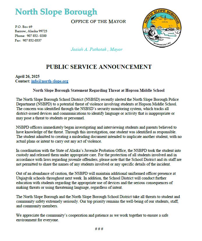 North Slope Borough Schools Alert Families About Hopson Middle Incident