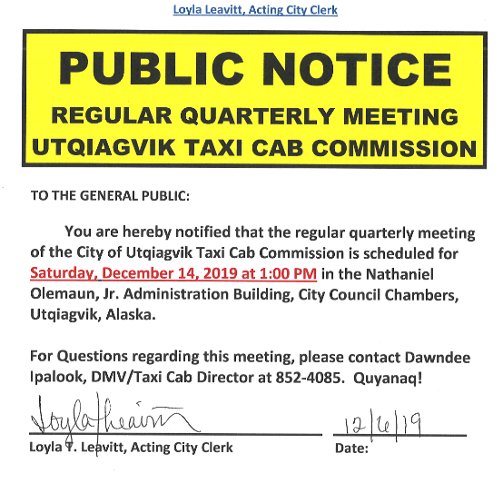 Utqiagvik Posts Taxicab Public Notice, Community Urged to Review