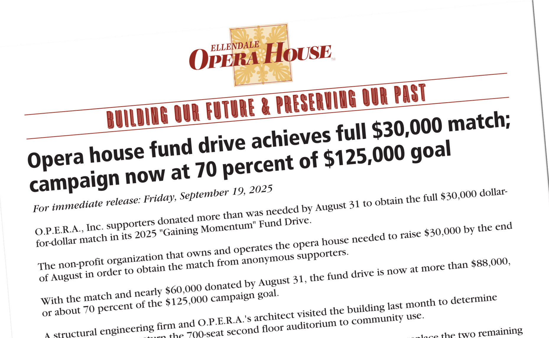 Ellendale Opera House Fund Drive Nears Goal, Seeks Year End Boost