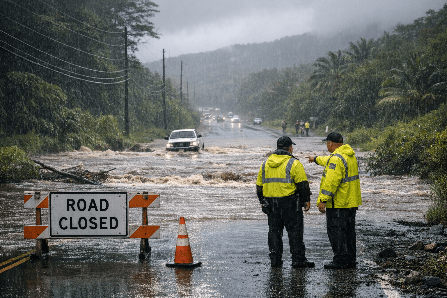 Heavy kona low rains cause flooding, close Highway 11 in Kaʻū