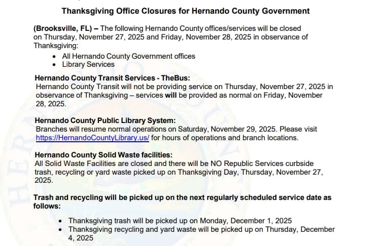Hernando County Issues Thanksgiving 2025 Office Closure Schedule and Notices