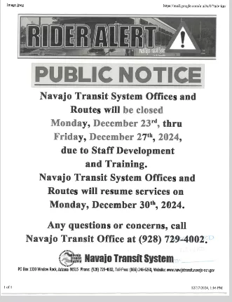 Navajo Transit Route 8 Service Suspended Friday, Resumes Monday