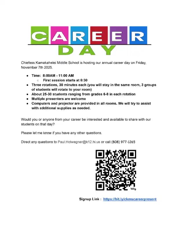 Chiefess Kamakahelei Middle School Hosts 2025 Career Day for Students