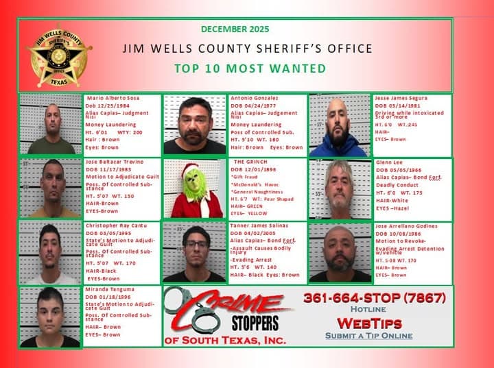 Jim Wells County Sheriff's Office Releases December Top 10 Wanted